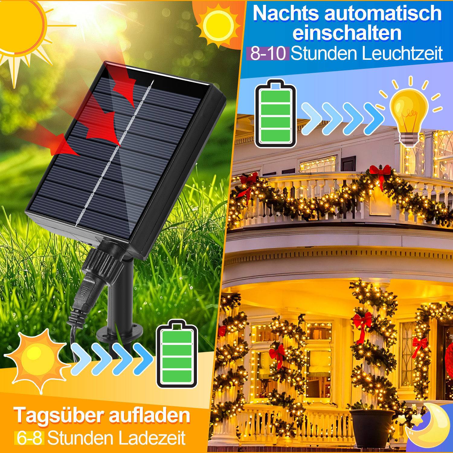 LED Solar Lichterkette 50M 500LEDs Wasserdicht und mit 8 Modi für Außen Innen Garten Party & Weihnachtsdeko Outdoor Beleuchtung Deko, Warmweiß