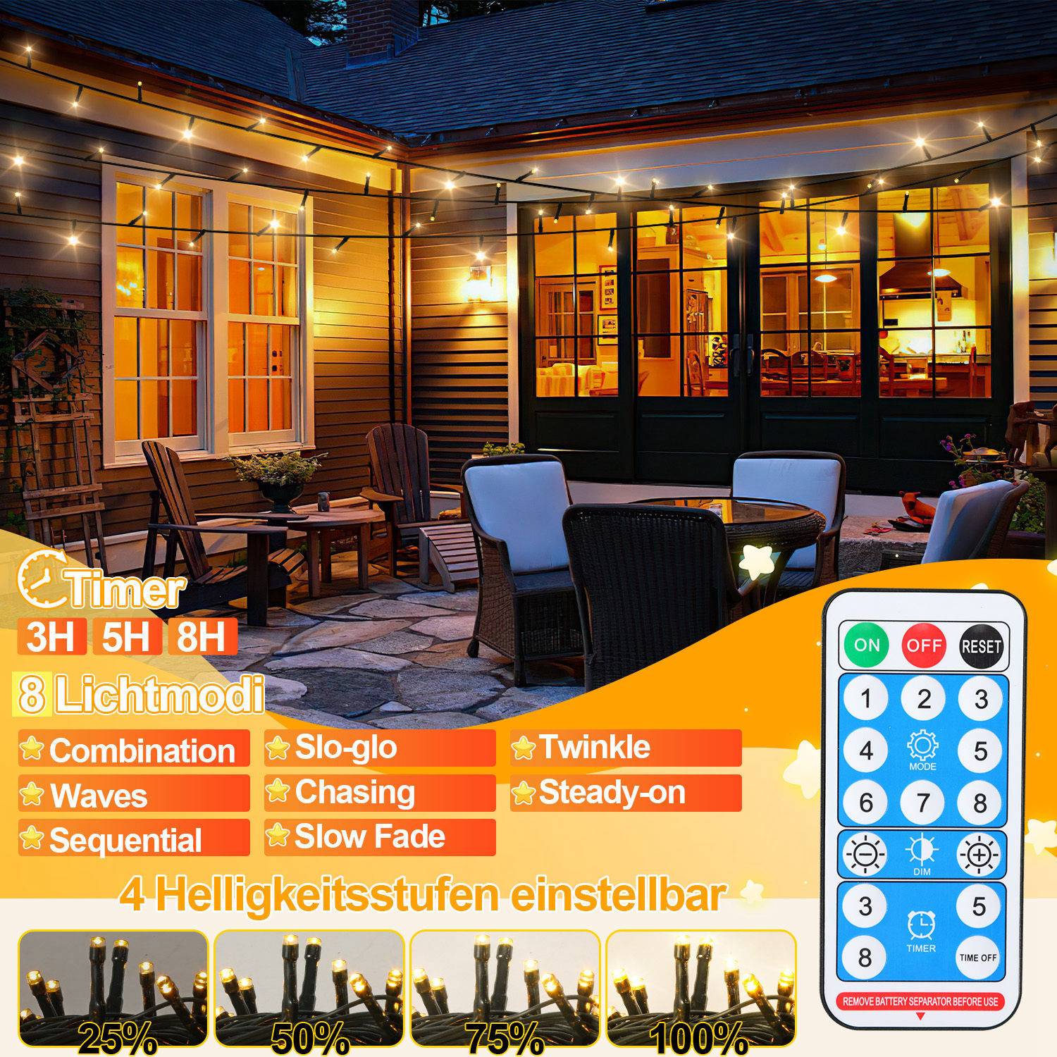 LED Solar Lichterkette 50M 500LEDs Wasserdicht und mit 8 Modi für Außen Innen Garten Party & Weihnachtsdeko Outdoor Beleuchtung Deko, Warmweiß