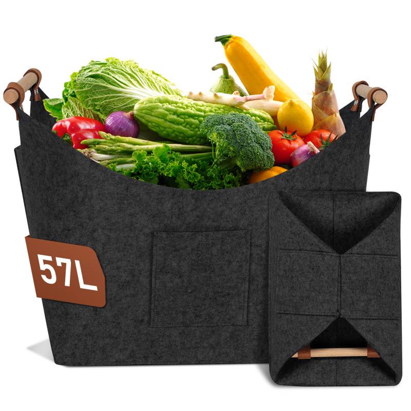 Filzkorb mit Holzgriffen, Holzkorb für Kaminholz, Brennholzkorb aus Filz 5mm, Dunkelgrau