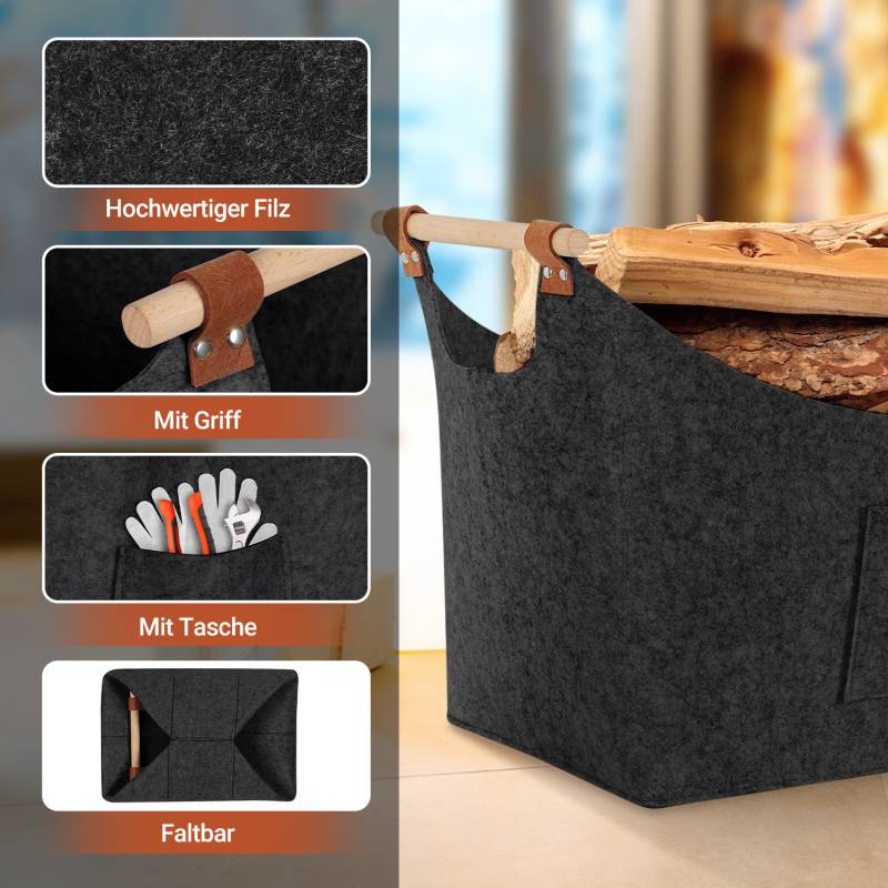 2x Filzkorb mit Holzgriffen, Holzkorb für Kaminholz, Brennholzkorb aus Filz 3mm, Dunkelgrau