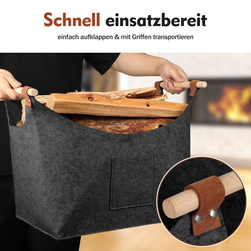 Filzkorb mit Holzgriffen, Holzkorb für Kaminholz, Brennholzkorb aus Filz 3mm, Dunkelgrau
