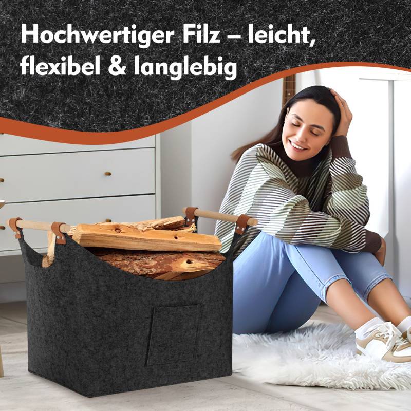 Filzkorb mit Holzgriffen, Holzkorb für Kaminholz, Brennholzkorb aus Filz 3mm, Dunkelgrau