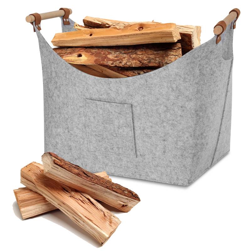 Filzkorb mit Holzgriffen, Holzkorb für Kaminholz, Brennholzkorb aus Filz 5mm, Hellgrau