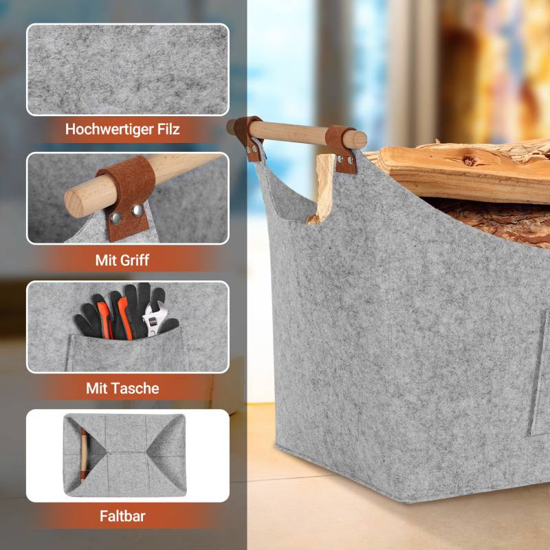 Filzkorb mit Holzgriffen, Holzkorb für Kaminholz, Brennholzkorb aus Filz 3mm, Hellgrau