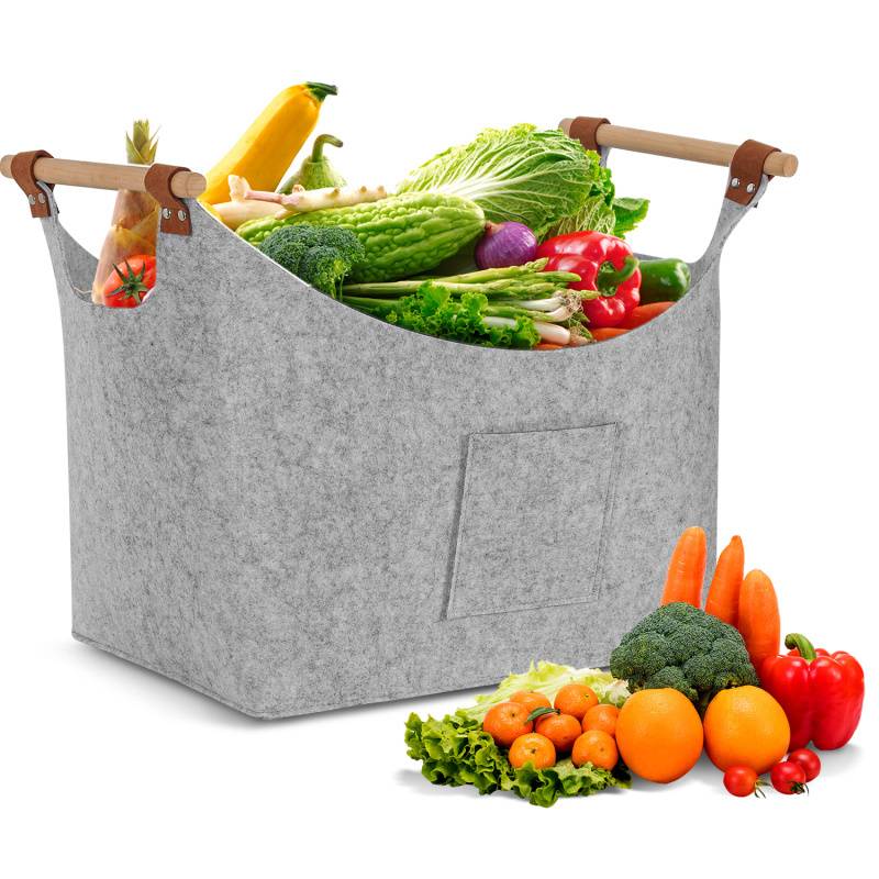 Filzkorb mit Holzgriffen, Holzkorb für Kaminholz, Brennholzkorb aus Filz 3mm, Hellgrau