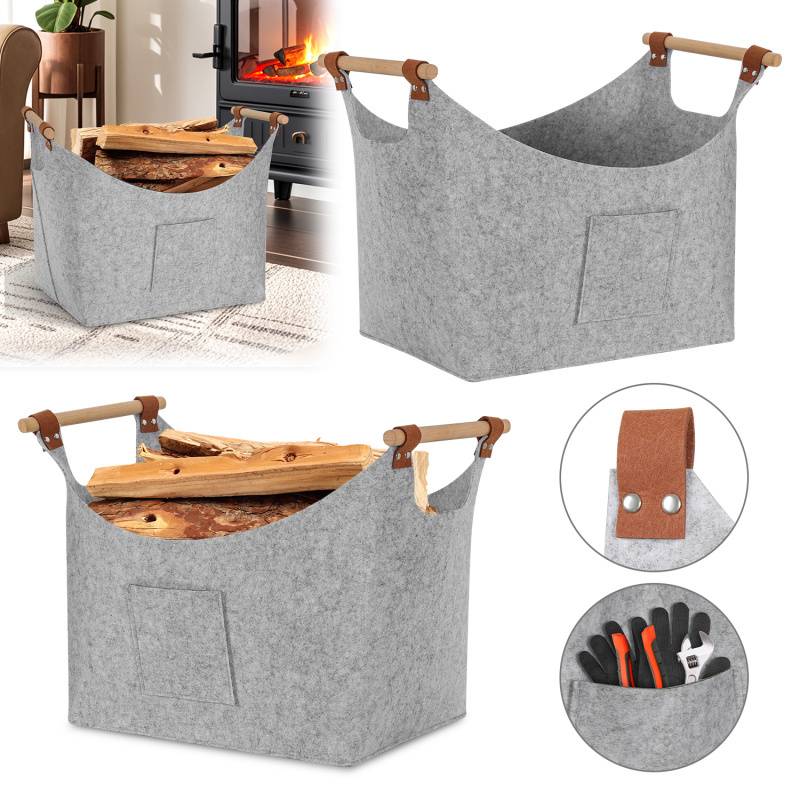 2x Filzkorb mit Holzgriffen, Holzkorb für Kaminholz, Brennholzkorb aus Filz 5mm, Hellgrau