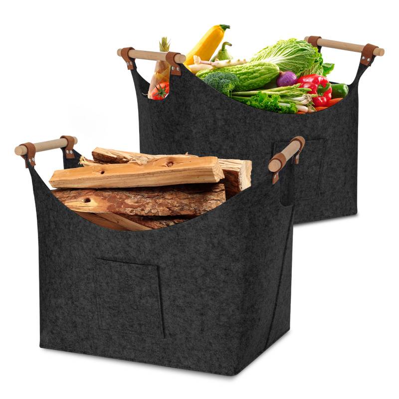 2x Filzkorb mit Holzgriffen, Holzkorb für Kaminholz, Brennholzkorb aus Filz 3mm, Dunkelgrau