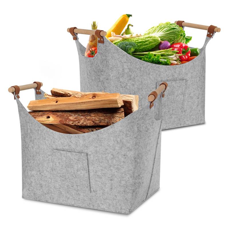 2x Filzkorb mit Holzgriffen, Holzkorb für Kaminholz, Brennholzkorb aus Filz 3mm, Hellgrau
