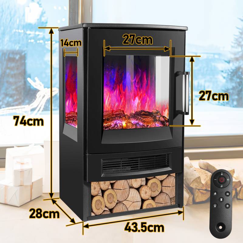 Elektrokamin – Elektrischer Heizofen – 900W/1800W Standkamin– Dreiseitiger Panorama-Kamin - LED-Flammeneffekt– Schwarz