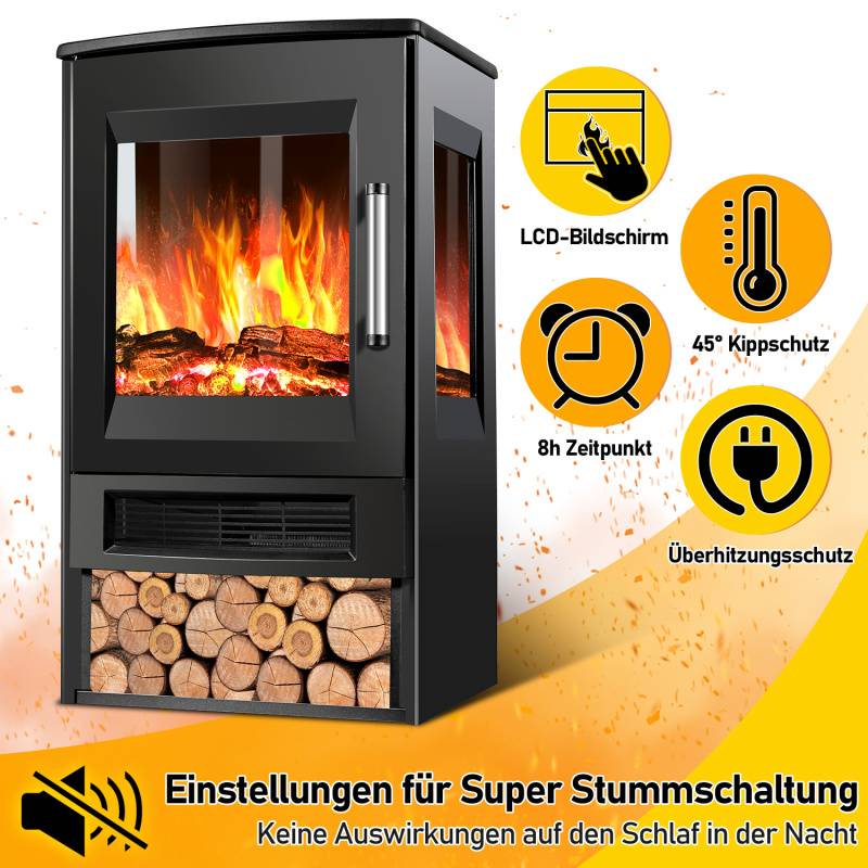 Elektrokamin – Elektrischer Heizofen – 900W/1800W Standkamin– Dreiseitiger Panorama-Kamin - LED-Flammeneffekt– Schwarz