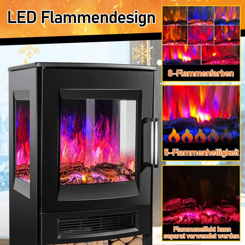 Elektrokamin – Elektrischer Heizofen – 900W/1800W Standkamin– Dreiseitiger Panorama-Kamin - LED-Flammeneffekt– Schwarz