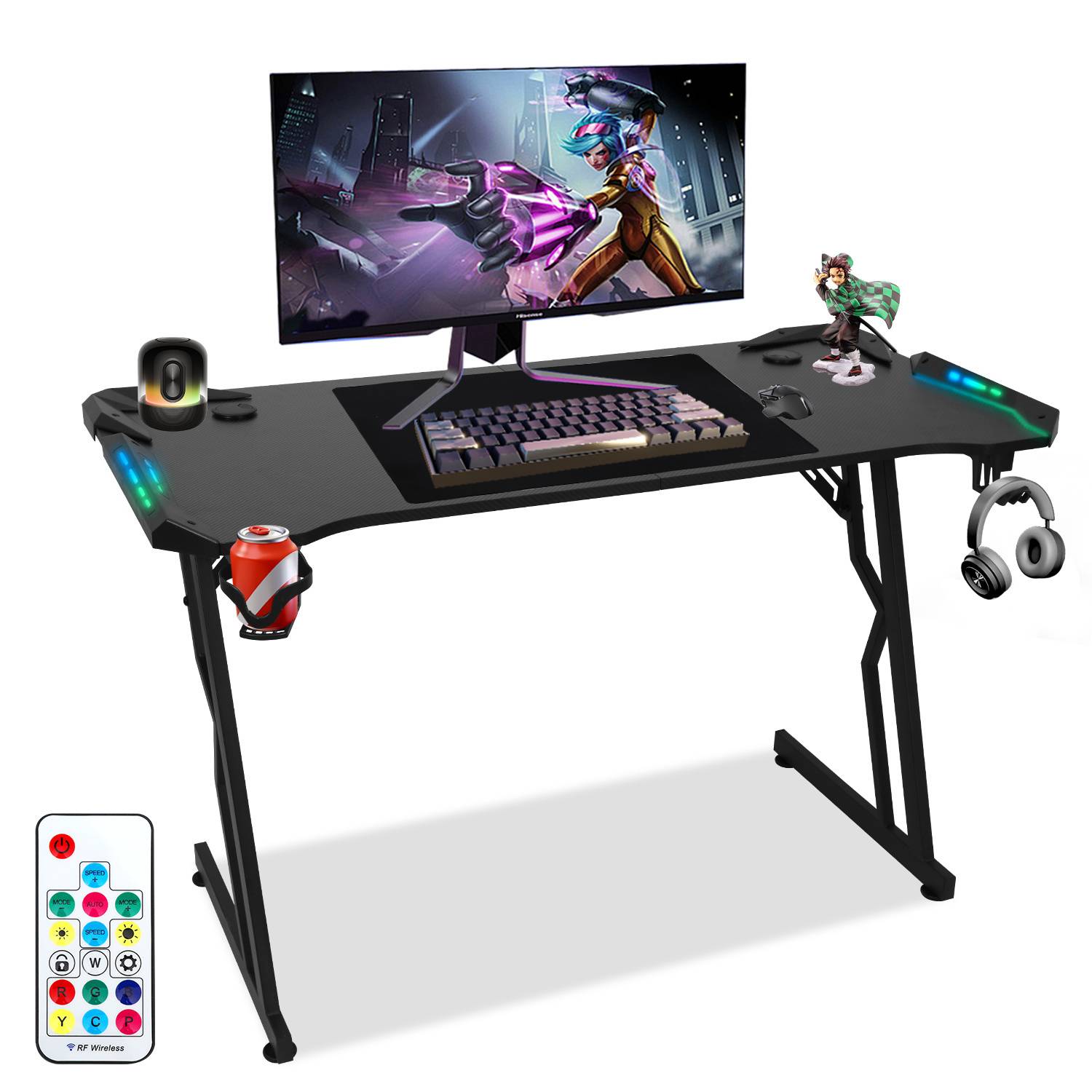 Gaming Tisch LED 120cm x 60cm, Gamer Schreibtisch Kopfhörerhaken & Kohlebeschichtung Ergonomischer PC Computertisch Stabiler Tisch mit Getränkehalte