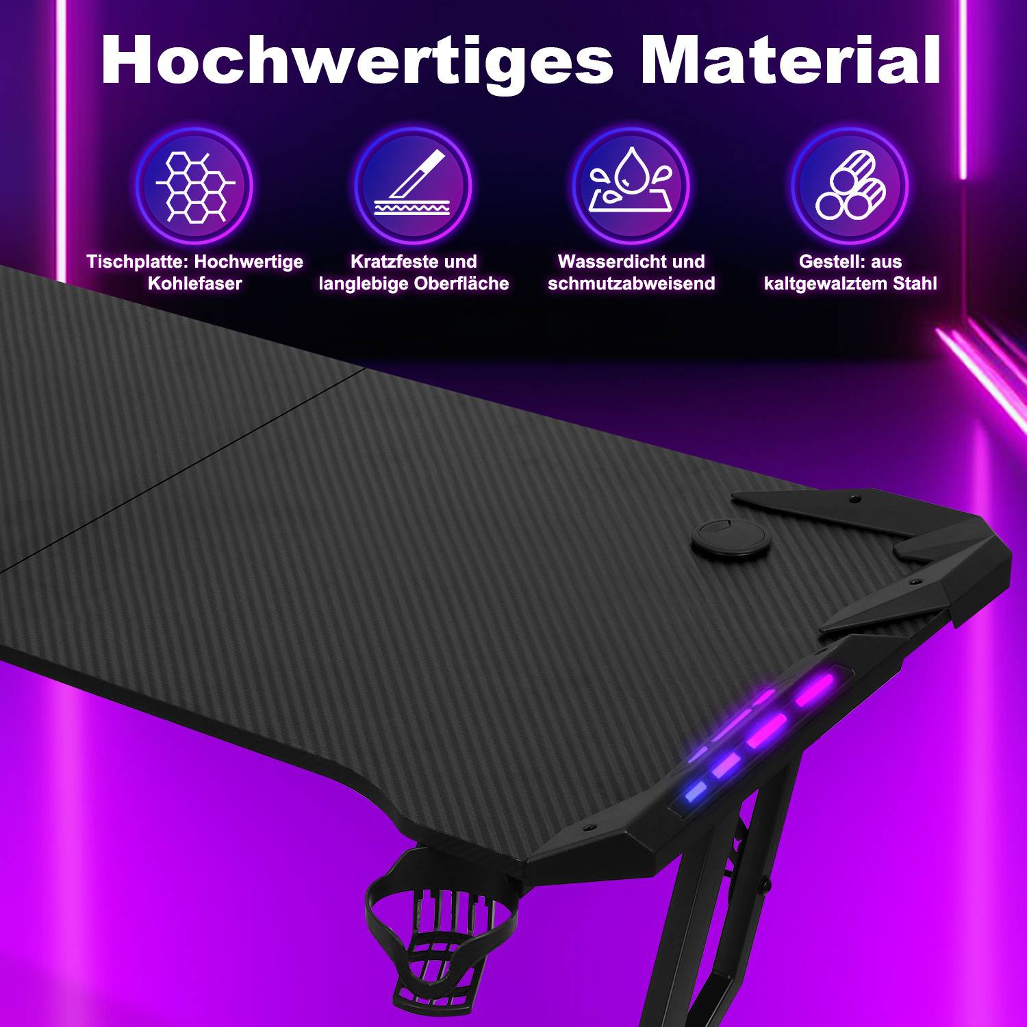 Gaming Tisch Eckschreibtischer 140x60cm PC Schreibtisch Gamer Computertisch Bürotisch mit Headsethalterung und Getränkehalter Gamingtisch für Heim