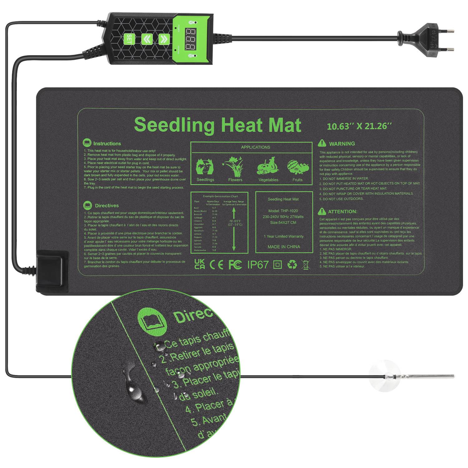 Heizmatte Thermostat Zimmergewächshaus Pflanzen Sämling Pet Reptile Wärmematte Terrarium Heizkissen 27W, 27x55cm 1 Stück