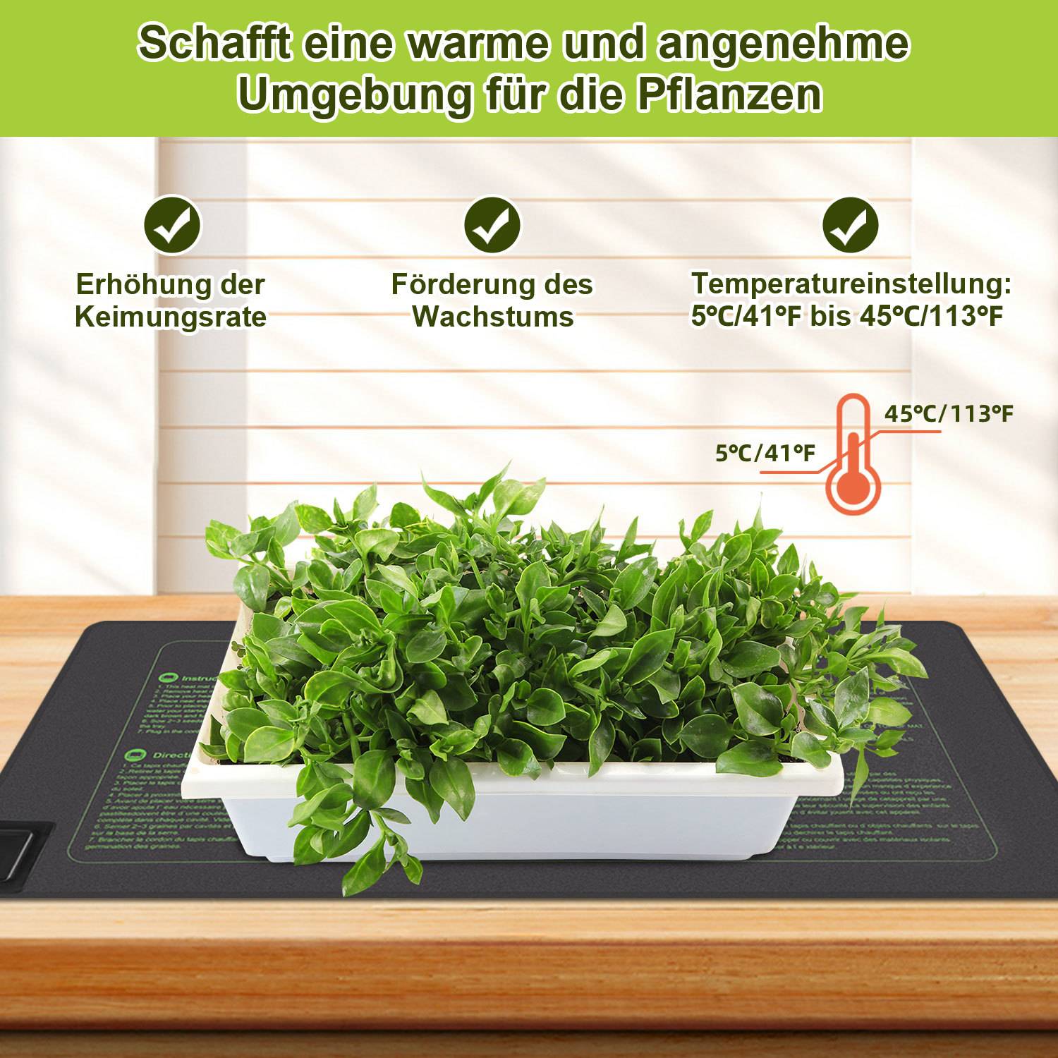 Heizmatte 55 x 27 cm 27 W mit Thermostat, IP67 wasserdicht, 5-45 °C, Timer für Pflanzen und Anzucht Set