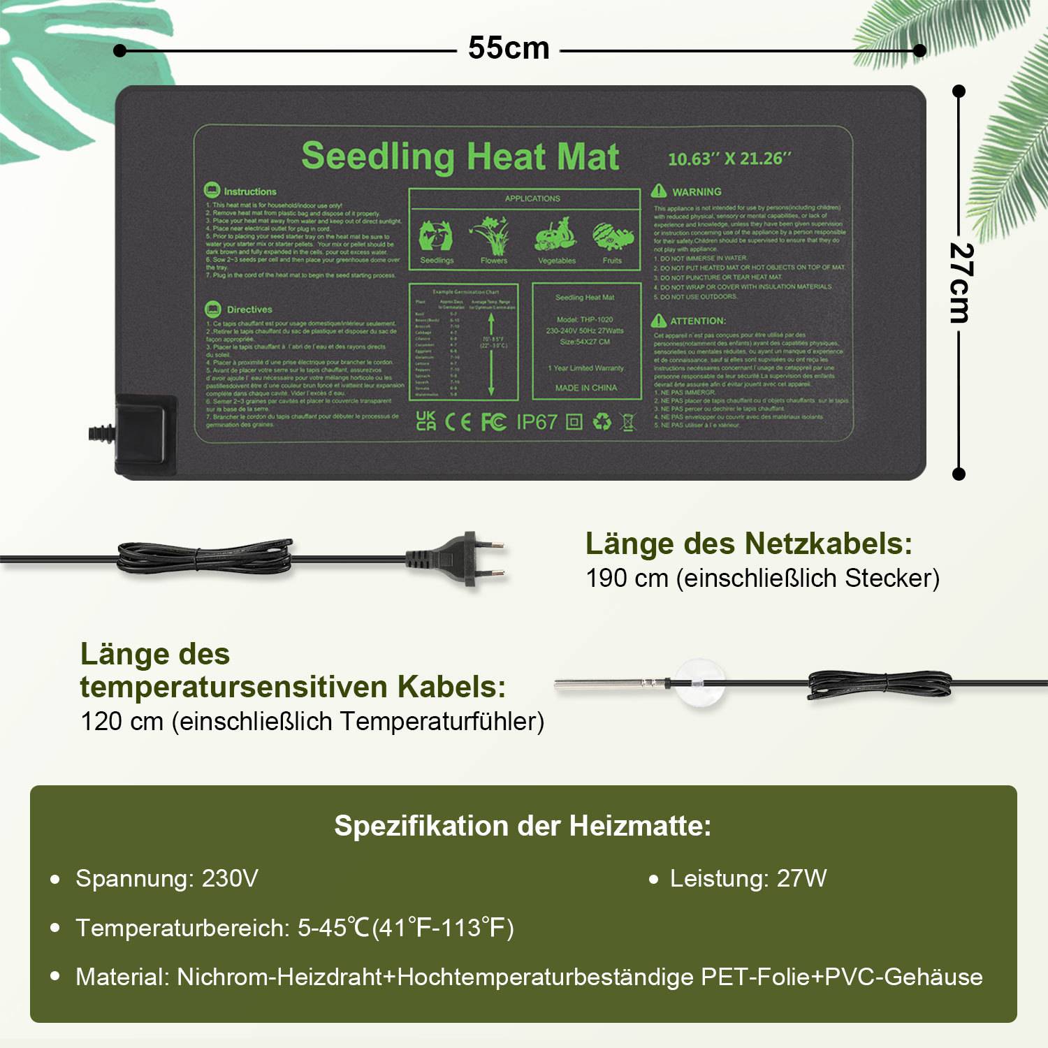 Produktdiagramm einer „Keimlings-Wärmematte" mit einer 55 cm x 27 cm Matte, 190 cm Stromkabel, 120 cm Sensorkabel, 230V, 27W und einem Temperaturbereich von 5–45°C.