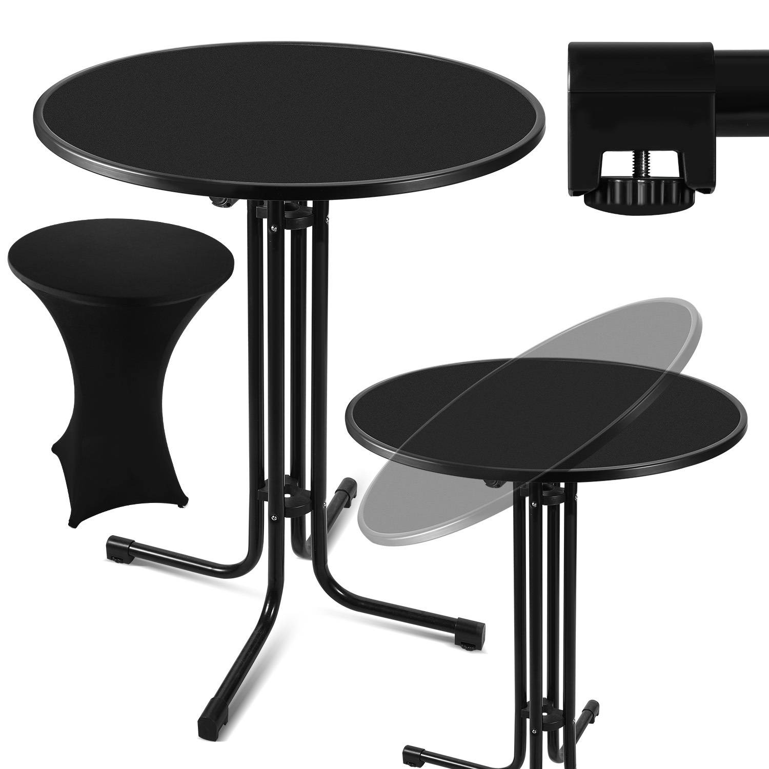 Stehtisch Klappbar Outdoor Gastro Bistrotisch 2x Haken Ø 80 cm Rund Witterungsbeständig Schwarz Partytisch pulverbeschichtet Metall MDF