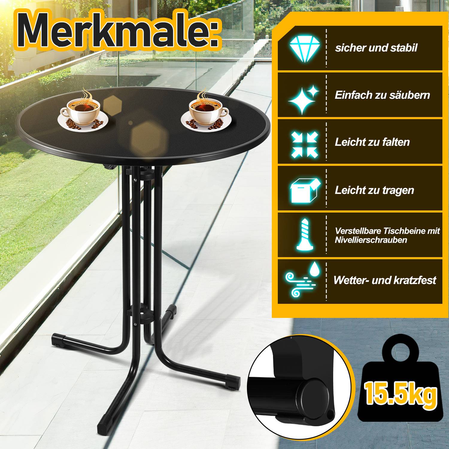 Stehtisch Klappbar Outdoor Gastro Bistrotisch 2x Haken Ø 80 cm Rund Witterungsbeständig Schwarz Partytisch pulverbeschichtet Metall MDF