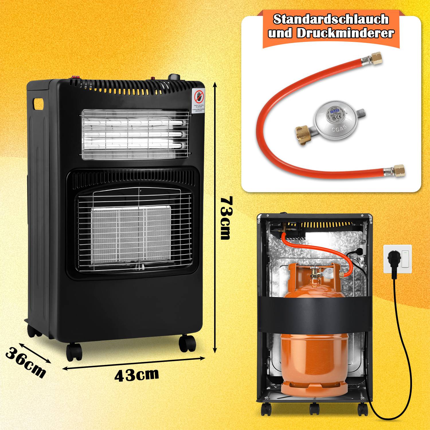 Heizstrahler Gasheizer Gasheizung 4,2KW inkl. Schlauch, Infrarot Keramikbrenner,Butan- oder Propangasflaschen bis 15kg