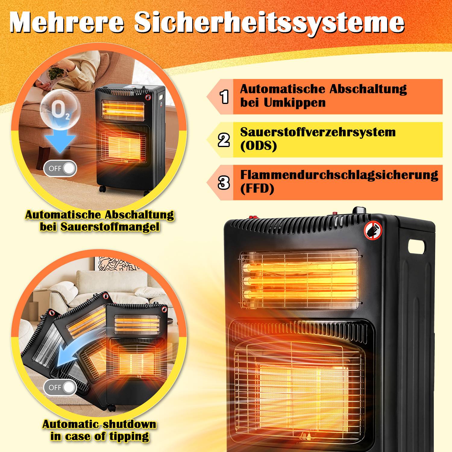 Keramik GasheizgeräT, Gas+Strom, Gas Heizung FüR InnenräUme, Inkl. Euro-Adapter, 42X36X72 Cm, PiezozüNdung, Kippschutz, Gasschlauch,FüR Propan/Bu