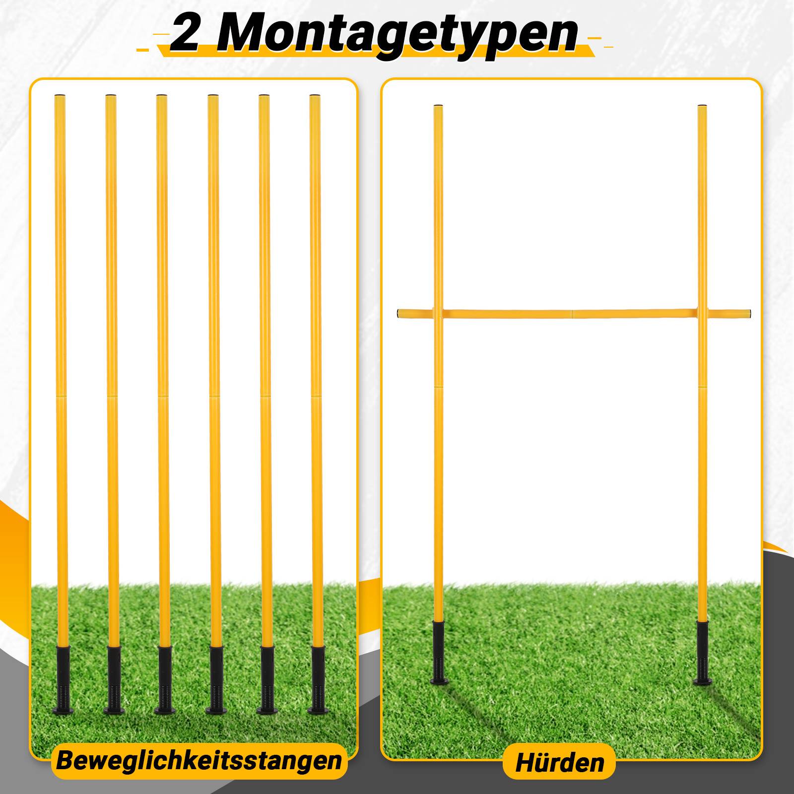 6x Slalomstangen Fussball 1,5 m sprunghafte Agilität Stangen Agility Trainingsset Gelb