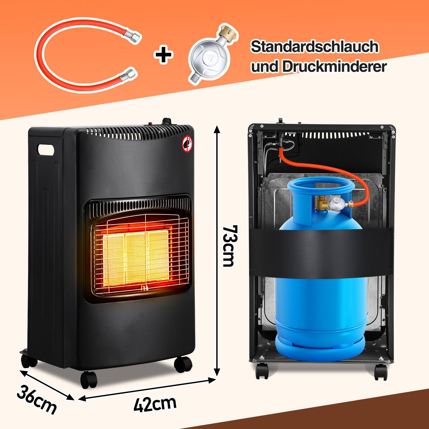 Keramik-Gasheizofen, 4200W mobil, Schwarz, Gasdruckregler, 42x36x73cm (LxBxH), für Gasflaschen bis 15kg, für Innen & Camping