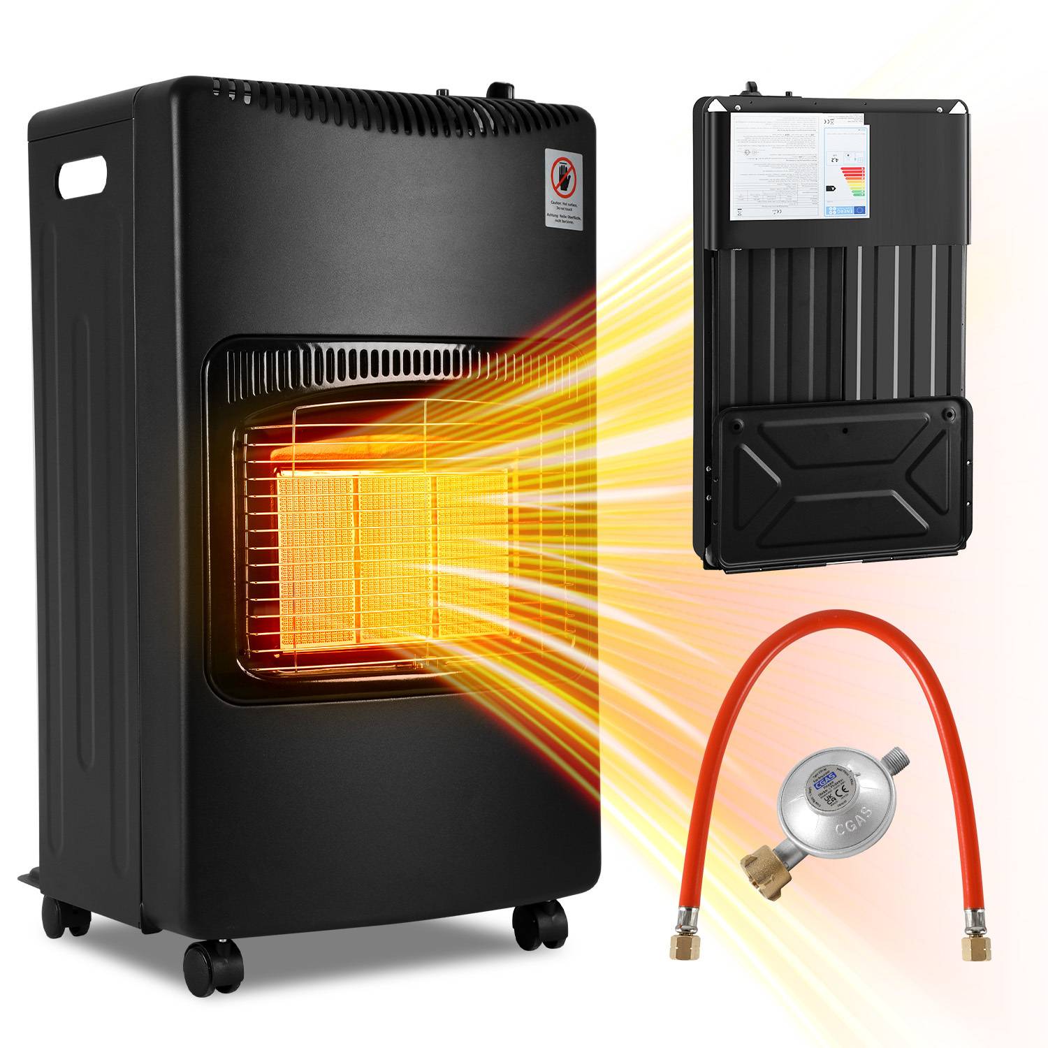 Keramik-Gasheizofen, 4200W mobil, Schwarz, Gasdruckregler, 42x36x73cm (LxBxH), für Gasflaschen bis 15kg, für Innen & Camping