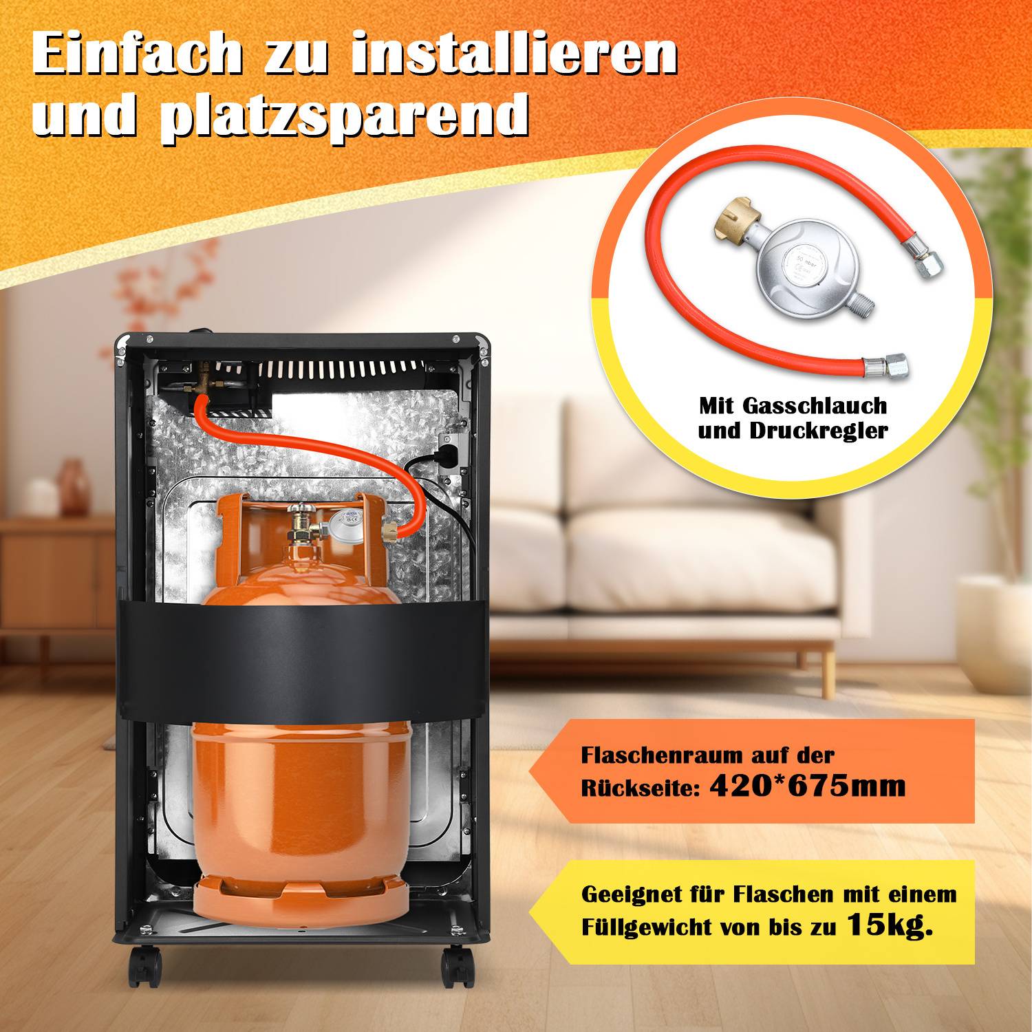 Keramik GasheizgeräT, Gas+Strom, Gas Heizung FüR InnenräUme, Inkl. Euro-Adapter, 42X36X72 Cm, PiezozüNdung, Kippschutz, Gasschlauch,FüR Propan/Bu