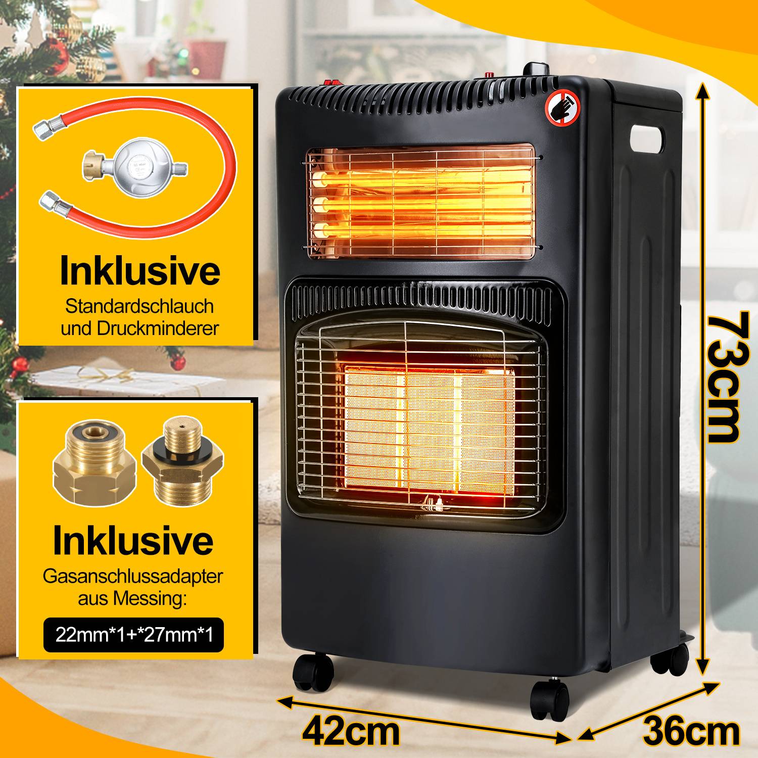 Keramik GasheizgeräT, Gas+Strom, Gas Heizung FüR InnenräUme, Inkl. Euro-Adapter, 42X36X72 Cm, PiezozüNdung, Kippschutz, Gasschlauch,FüR Propan/Bu