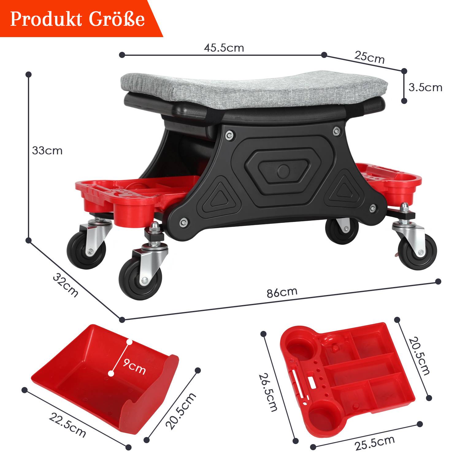 Werkstatt-Rollsitz, 640x320x355 mm, 185 kg Belastbarkeit, für Werkstatt & Autowartung, 4 Zoll Gummirollen mit 2 Bremsen, Werkstatthocker