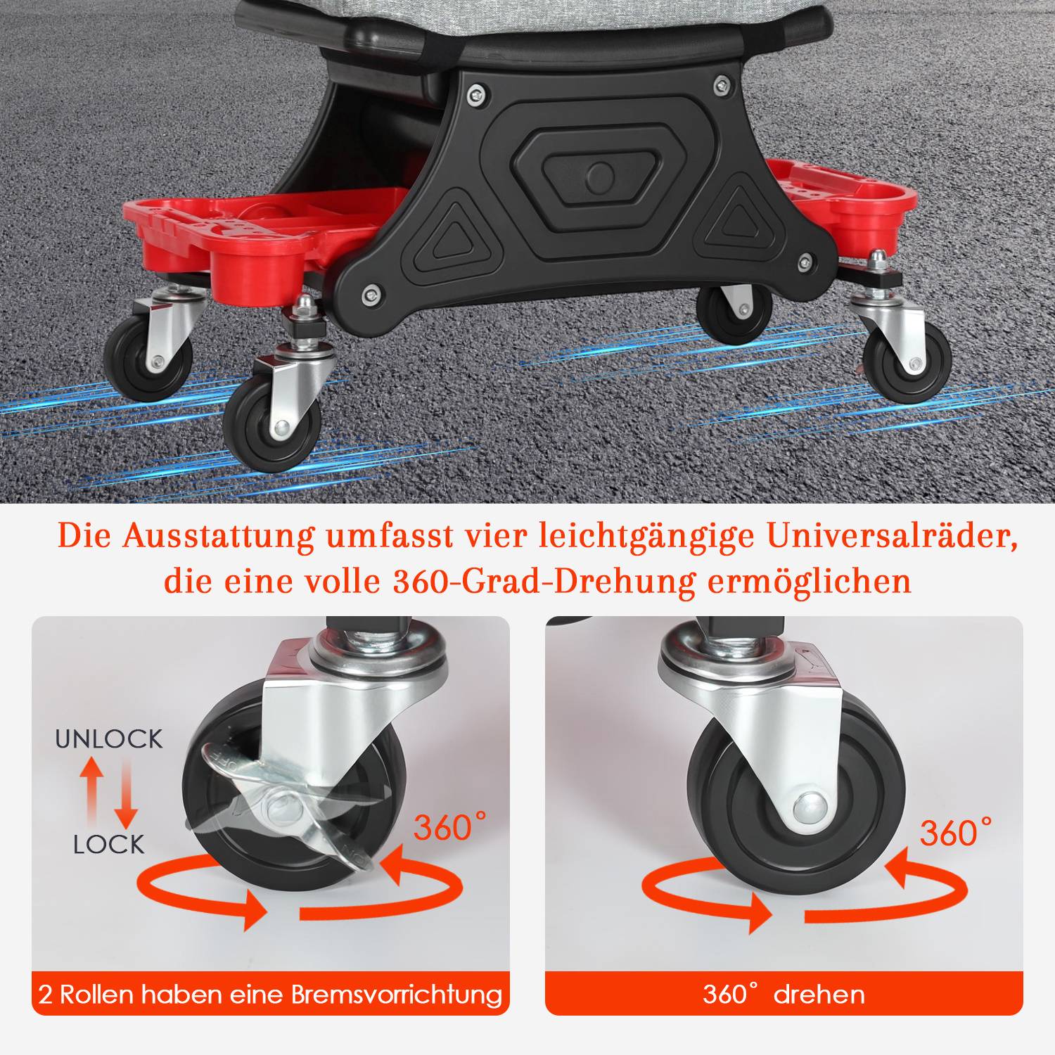 Werkstatt-Rollsitz, 640x320x355 mm, 185 kg Belastbarkeit, für Werkstatt & Autowartung, 4 Zoll Gummirollen mit 2 Bremsen, Werkstatthocker