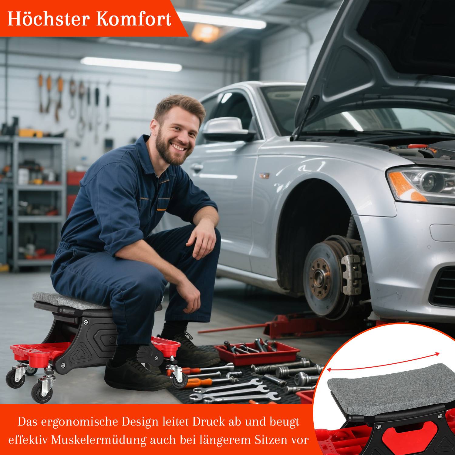Werkstatt-Rollsitz, 640x320x355 mm, 185 kg Belastbarkeit, für Werkstatt & Autowartung, 4 Zoll Gummirollen mit 2 Bremsen, Werkstatthocker