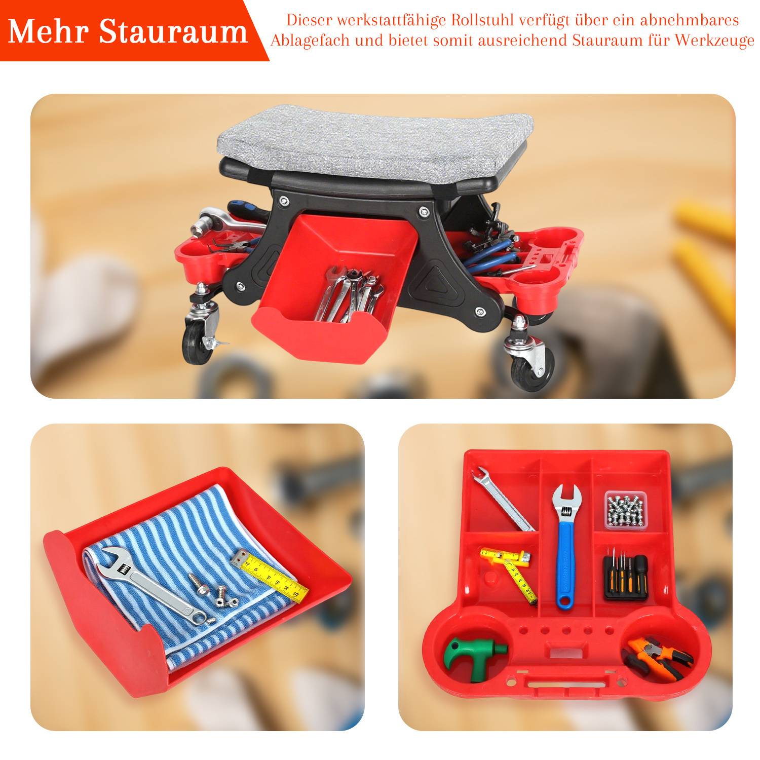 Werkstatt-Rollsitz, 640x320x355 mm, 185 kg Belastbarkeit, für Werkstatt & Autowartung, 4 Zoll Gummirollen mit 2 Bremsen, Werkstatthocker