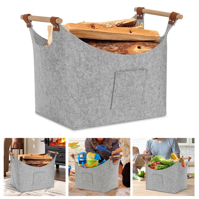 Filzkorb mit Holzgriffen, Holzkorb für Kaminholz, Brennholzkorb aus Filz 5mm, Hellgrau