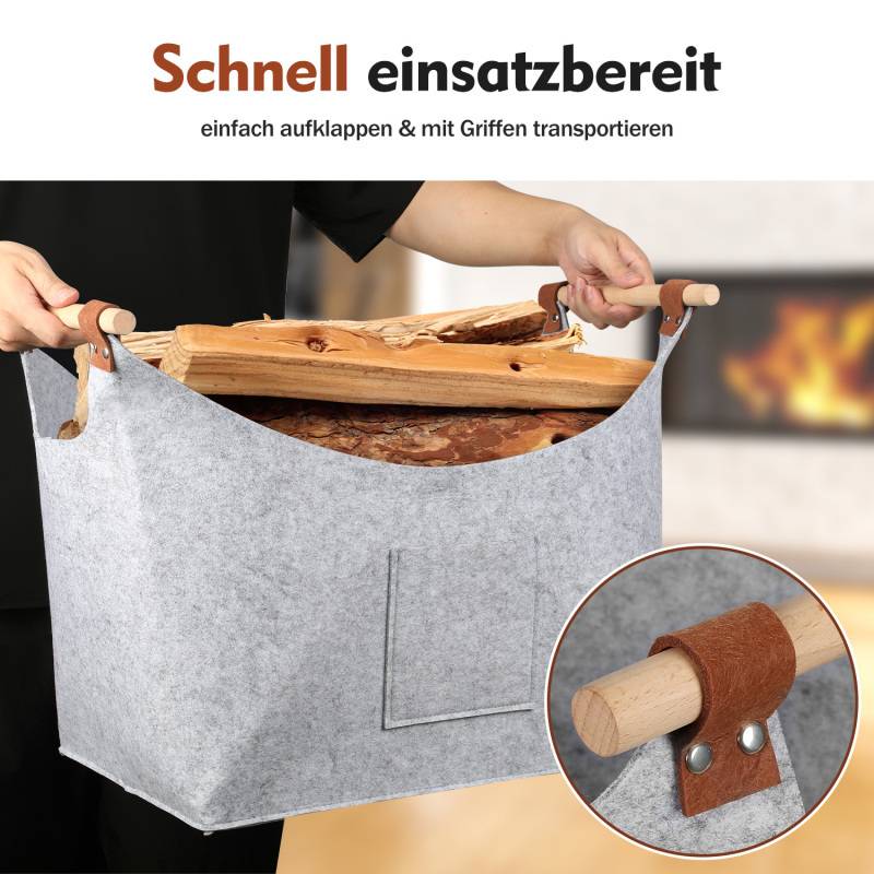 2x Filzkorb mit Holzgriffen, Holzkorb für Kaminholz, Brennholzkorb aus Filz 5mm, Hellgrau
