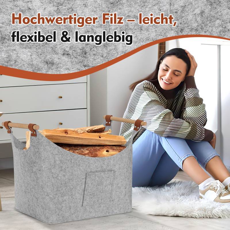 2x Filzkorb mit Holzgriffen, Holzkorb für Kaminholz, Brennholzkorb aus Filz 5mm, Hellgrau