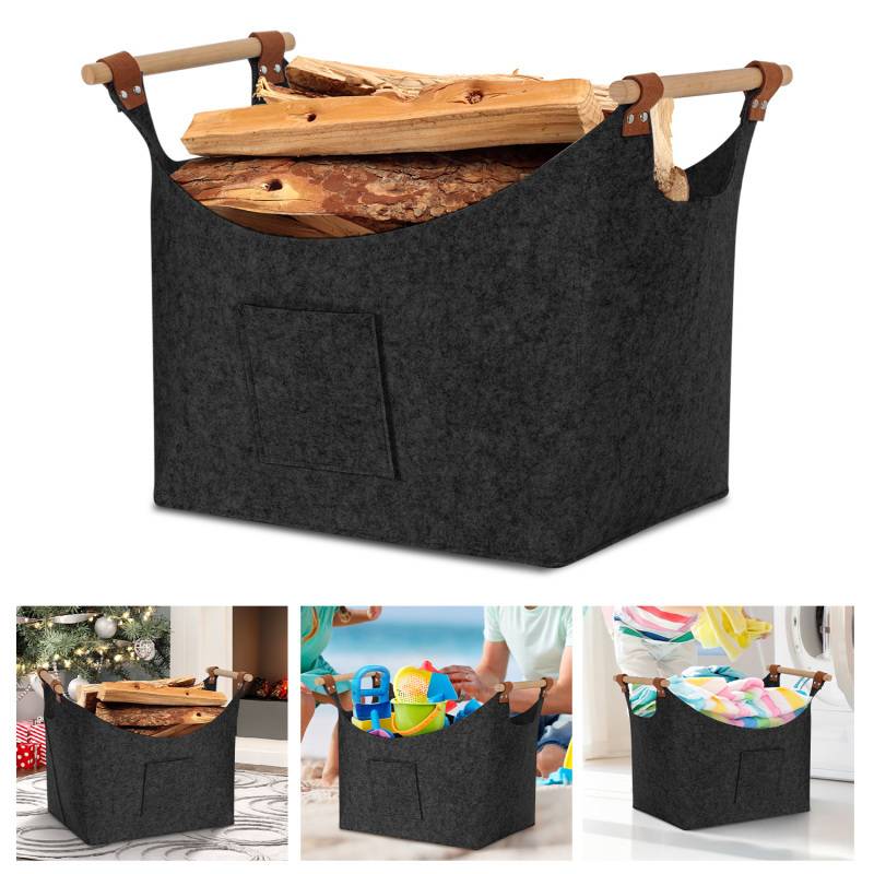 Filzkorb mit Holzgriffen, Holzkorb für Kaminholz, Brennholzkorb aus Filz 3mm, Dunkelgrau