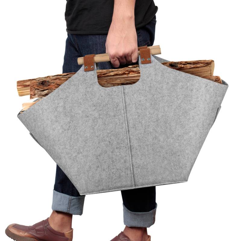 Filzkorb mit Holzgriffen, Holzkorb für Kaminholz, Brennholzkorb aus Filz 3mm, Hellgrau