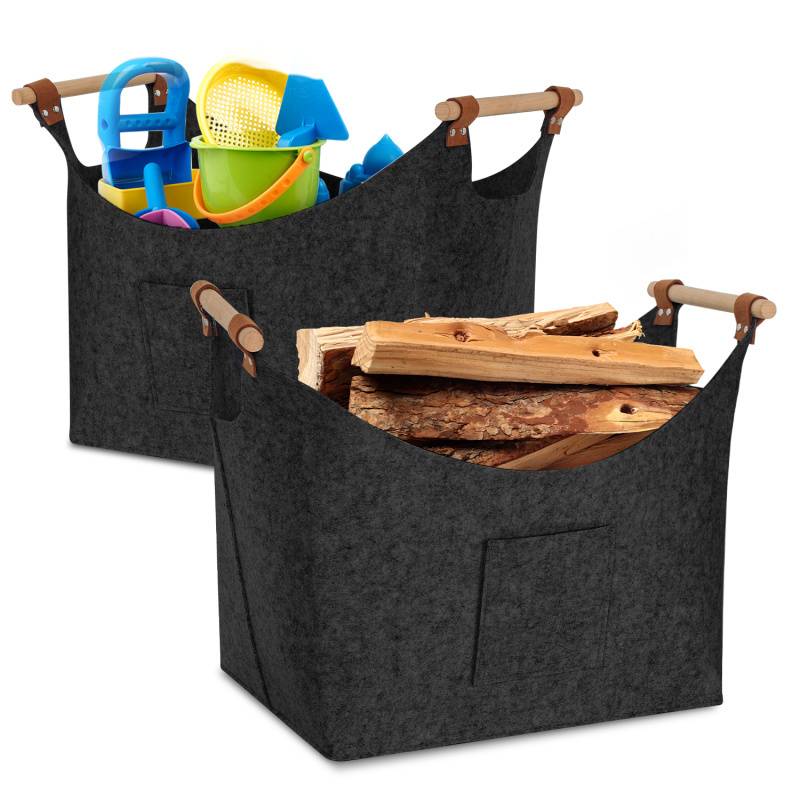 2x Filzkorb mit Holzgriffen, Holzkorb für Kaminholz, Brennholzkorb aus Filz 3mm, Dunkelgrau