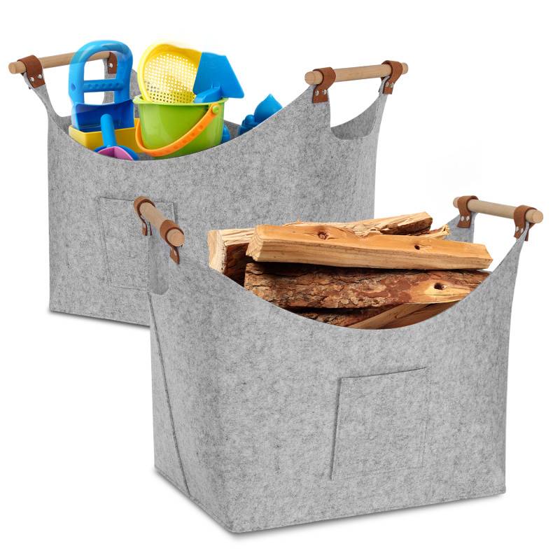 2x Filzkorb mit Holzgriffen, Holzkorb für Kaminholz, Brennholzkorb aus Filz 3mm, Hellgrau