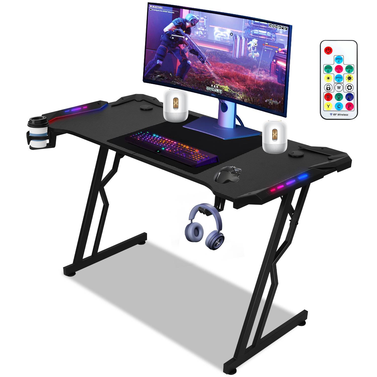 Gaming Tisch LED 120cm x 60cm, Gamer Schreibtisch Kopfhörerhaken & Kohlebeschichtung Ergonomischer PC Computertisch Stabiler Tisch mit Getränkehalte