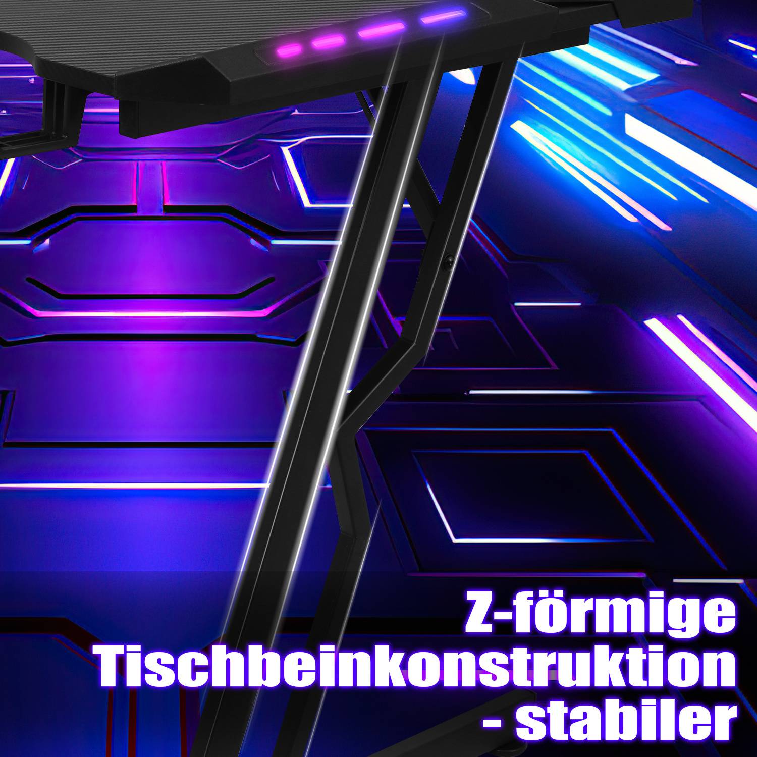 Gaming Schreibtisch Höhenverstellbar 120x60 cm, LED Beleuchtung, Kabelmanagement, Schwarz