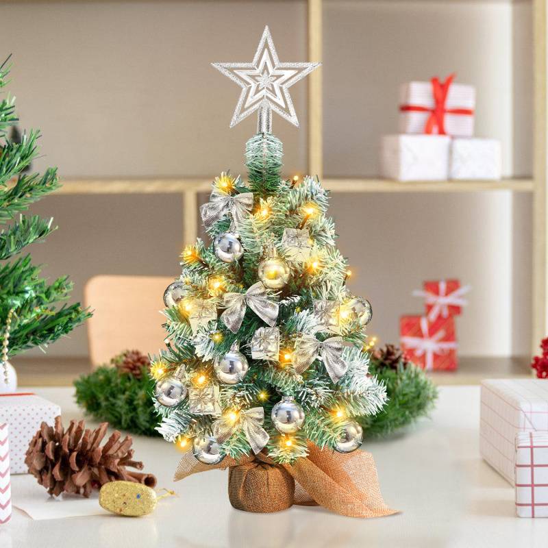 40cm Mini Weihnachtsbaum mit 30 warmweiß LEDs, 8 Licht Modi, mit roter Deko, mit Stern-Baumspitze, Batterie betrieben, für Weihnachten, Silber