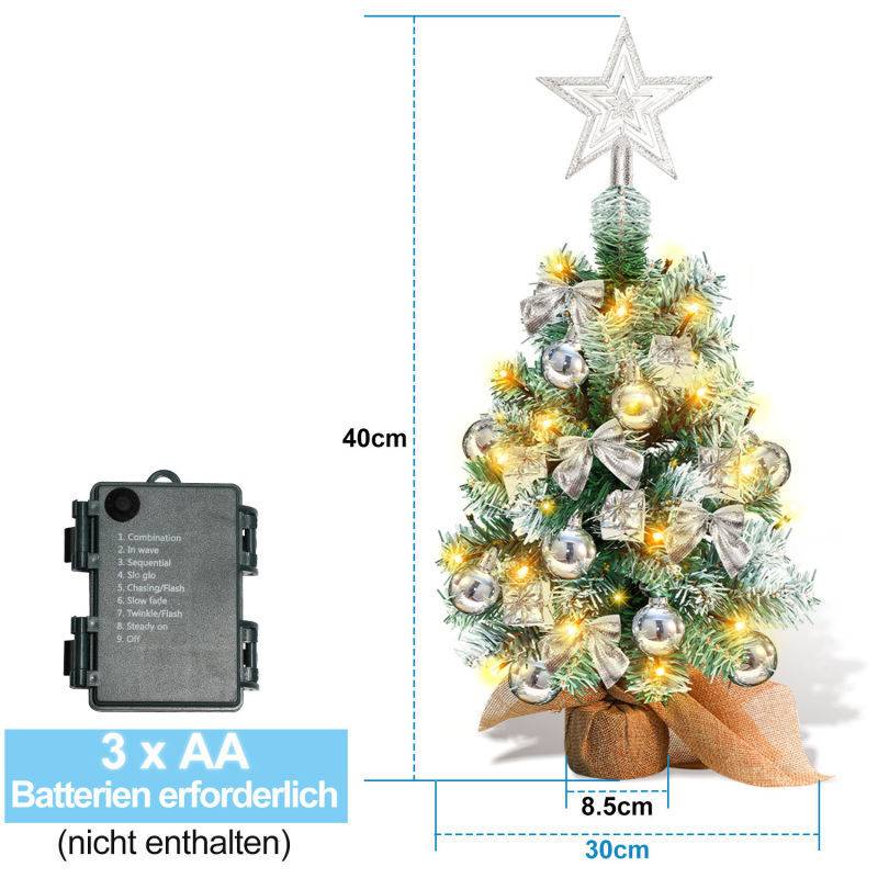 40cm Mini Weihnachtsbaum mit 30 warmweiß LEDs, 8 Licht Modi, mit roter Deko, mit Stern-Baumspitze, Batterie betrieben, für Weihnachten, Silber
