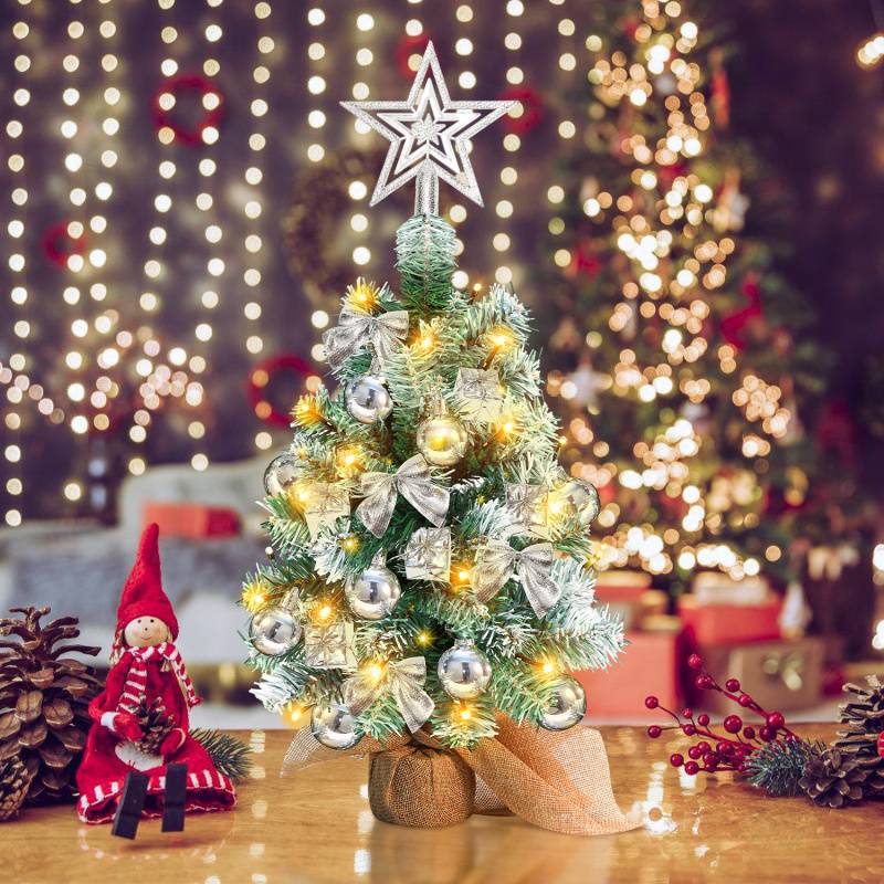40cm Mini Weihnachtsbaum mit 30 warmweiß LEDs, 8 Licht Modi, mit roter Deko, mit Stern-Baumspitze, Batterie betrieben, für Weihnachten, Silber