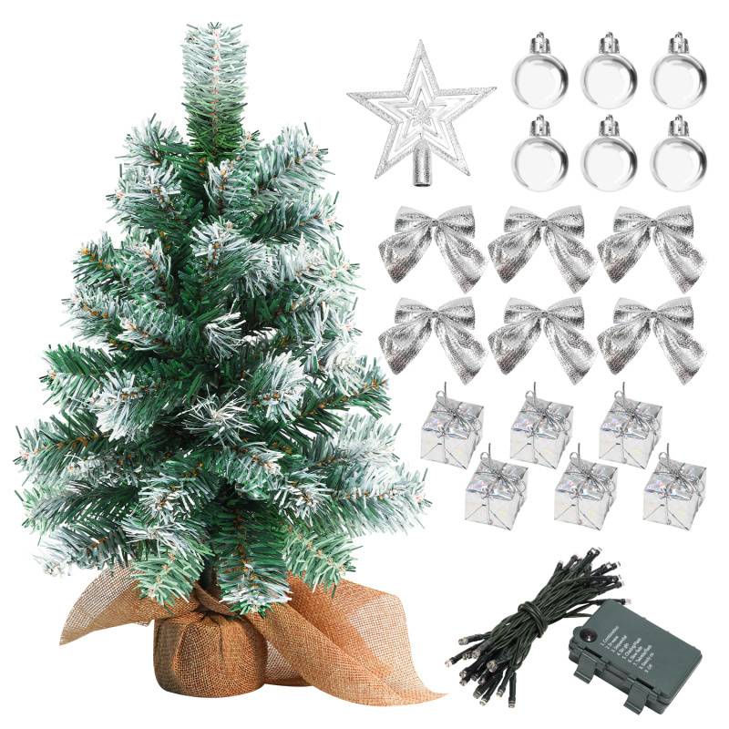 40cm Mini Weihnachtsbaum mit 30 warmweiß LEDs, 8 Licht Modi, mit roter Deko, mit Stern-Baumspitze, Batterie betrieben, für Weihnachten, Silber