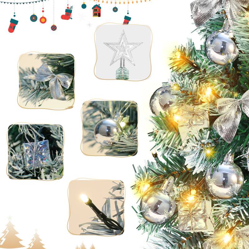 40cm Mini Weihnachtsbaum mit 30 warmweiß LEDs, 8 Licht Modi, mit roter Deko, mit Stern-Baumspitze, Batterie betrieben, für Weihnachten, Silber