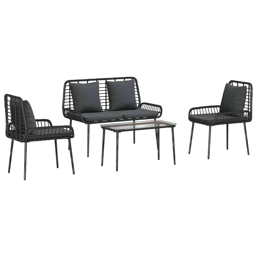 Outdoor-Gartenmöbel-Set bestehend aus einer Zweisitzer-Couch, zwei Stühlen und einem Tisch. Das Set ist aus schwarzem Metall mit dunklen Kissen gefertigt.
