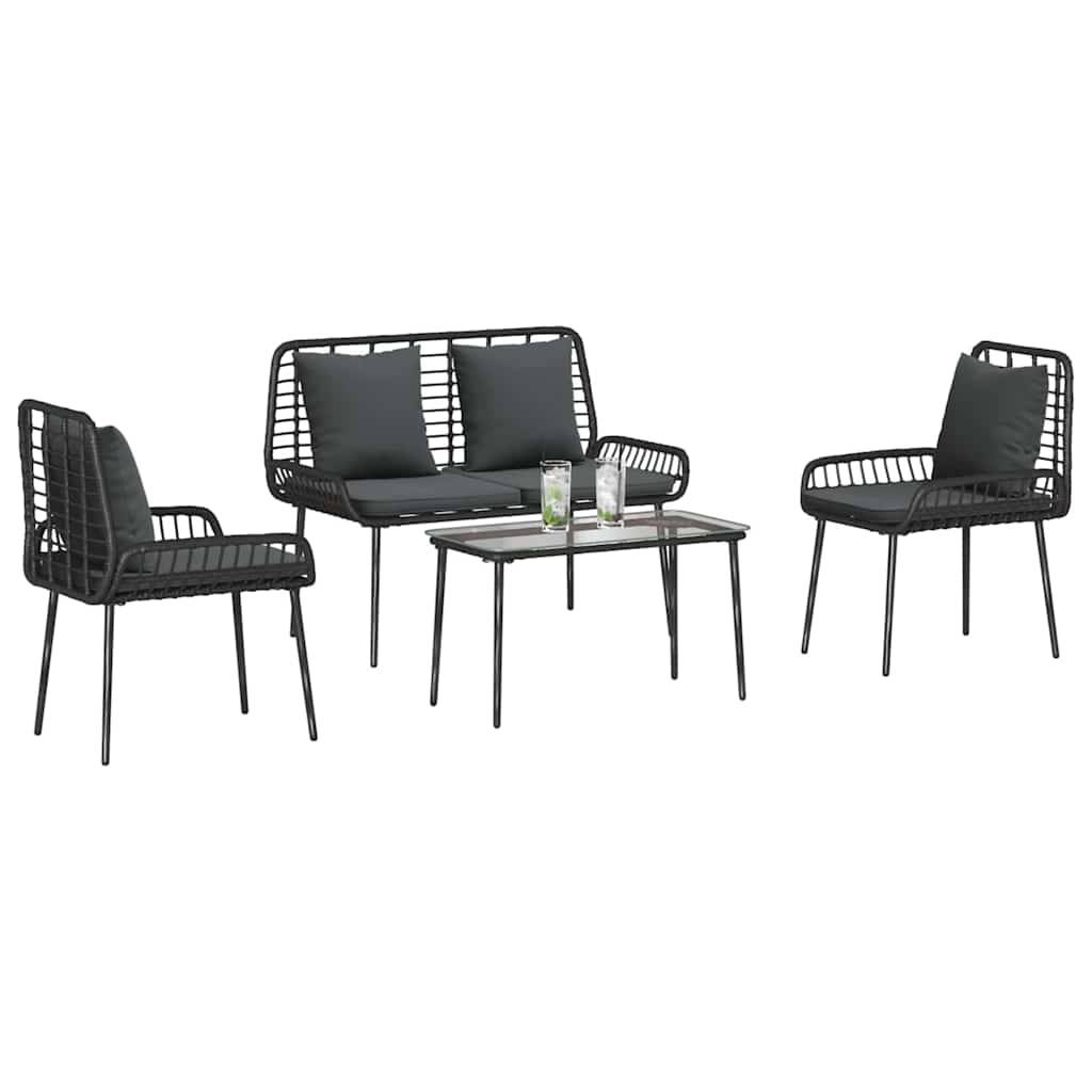 Outdoor-Gartenmöbel-Set mit schwarzem Metallrahmen, das eine Zweisitzercouch, zwei Stühle und einen kleinen Tisch umfasst. Jeder Sitzplatz ist mit dunklen Kissen ausgestattet.