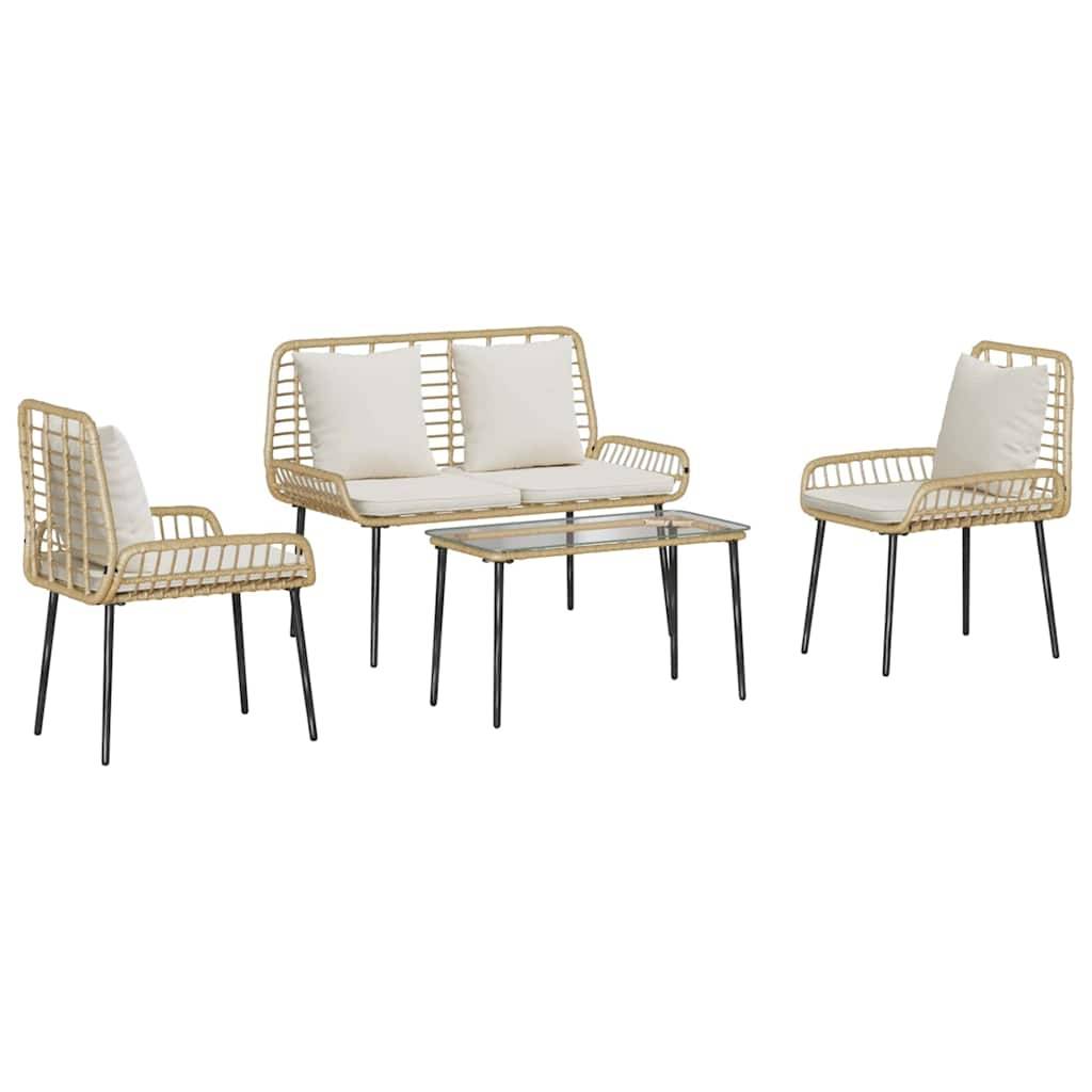 Ein dreiteiliges Outdoor-Rattanmöbel-Set mit weißen Kissen, bestehend aus einem Sofa, einem Sessel und einem Glastisch auf schwarzen Metallbeinen.